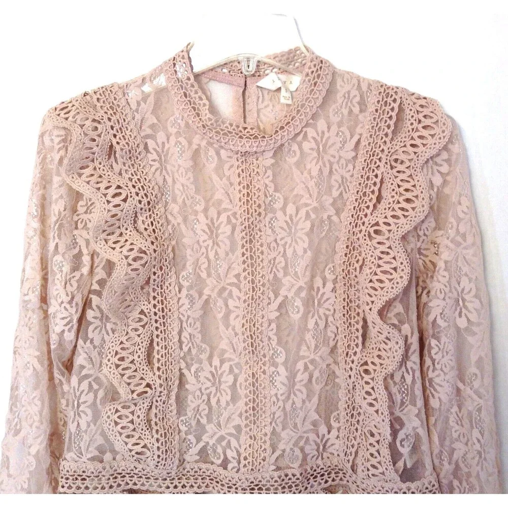 Crochet Lace Embroidered Top Wn S Beige Long Sleeve Blouse Sheer Fairy Boho Y2K